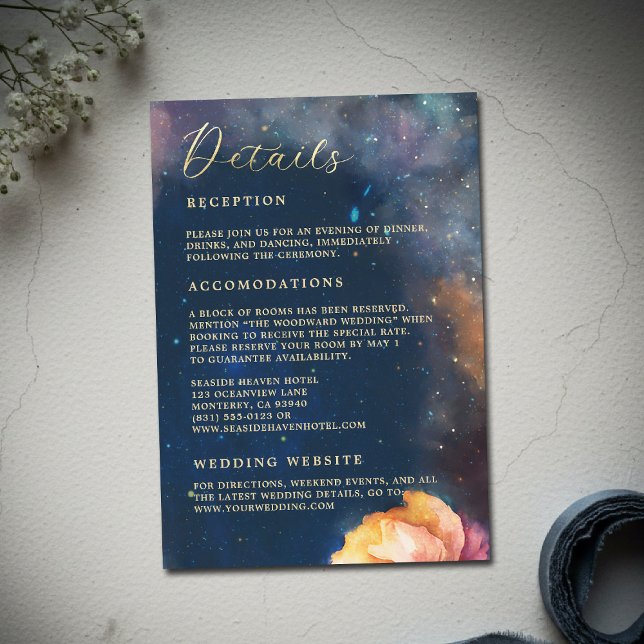 Celestial Floral Galaxy Navy Blue Wedding Details Begleitkarte (celestial floral galaxy wedding details watercolor navy blue peach pink blush elegant romantic)