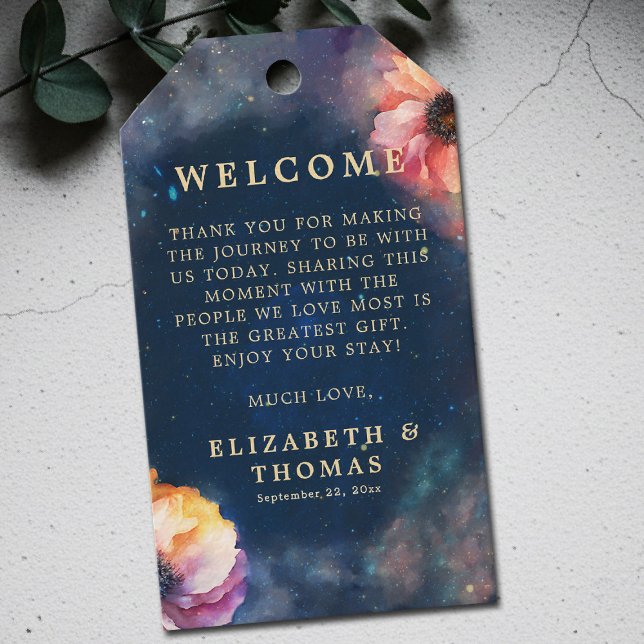 Celestial Floral Galaxy Starry Night Blue Wedding Geschenkanhänger (celestial floral galaxy wedding gift tag watercolor navy blue starry night written in the stars)