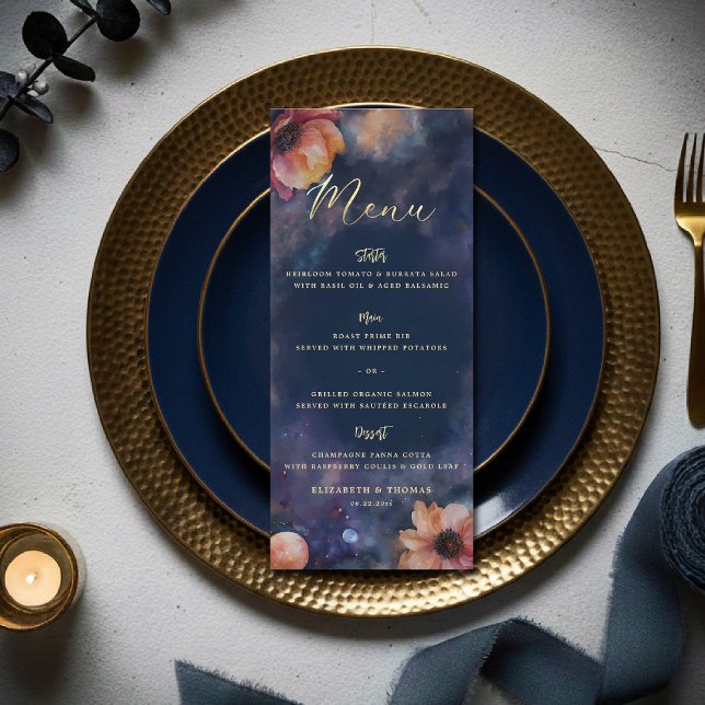 Celestial Floral Galaxy Starry Night Blue Wedding Menükarte (celestial floral galaxy wedding menu watercolor navy blue starry night written in the stars)