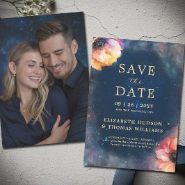 Celestial Floral Galaxy Starry Night Blue Wedding Save The Date