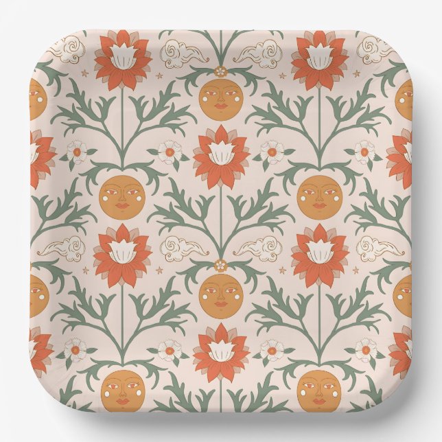 Celestial Floral Sunburst Seamless Pattern Design Pappteller (Vorderseite)