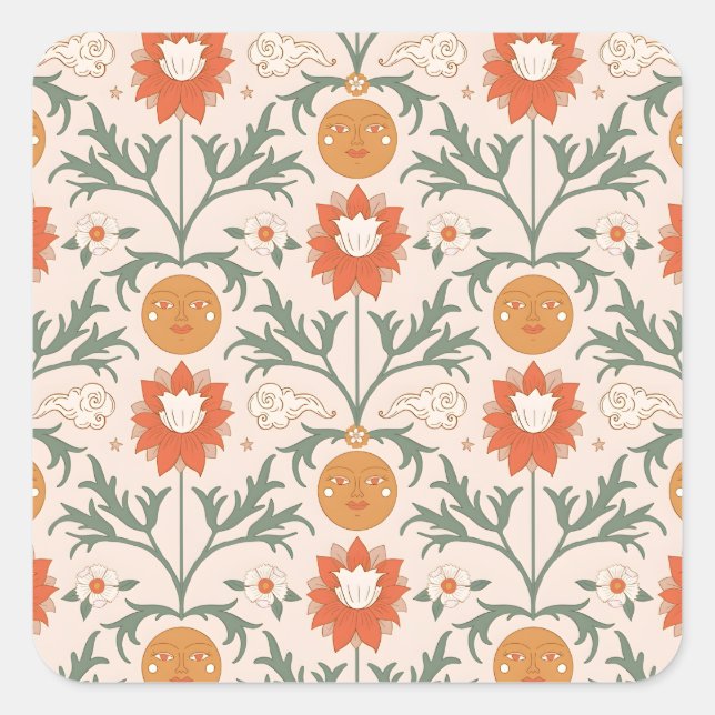 Celestial Floral Sunburst Seamless Pattern Design Quadratischer Aufkleber (Vorderseite)
