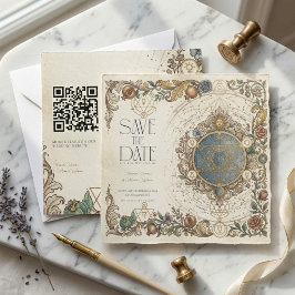 Celestial Floral Vintage Wedding QR Save The Date Einladung