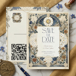 Celestial Floral Vintage Wedding QR Save The Date Postkarte