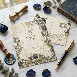 Celestial Floral Vintage Wedding QR Save The Date Postkarte