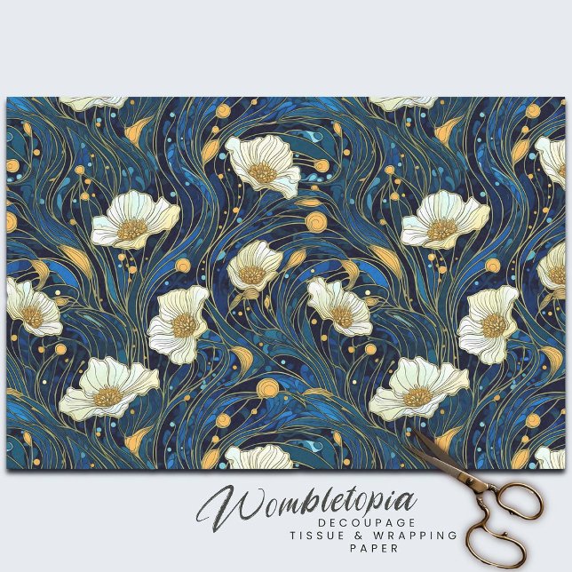 Celestial Florals Cream und Gold auf Marine Seidenpapier (Von Creator hochgeladen)