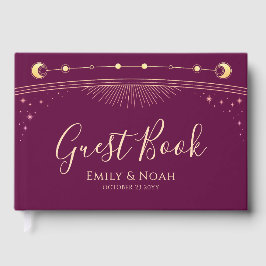 Celestial Fuchsia Gold Sun Moon Stars Hochzeit Gästebuch