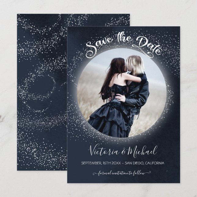 Celestial Full Moon and Stars Foto Save the Date Einladung (Vorne/Hinten)
