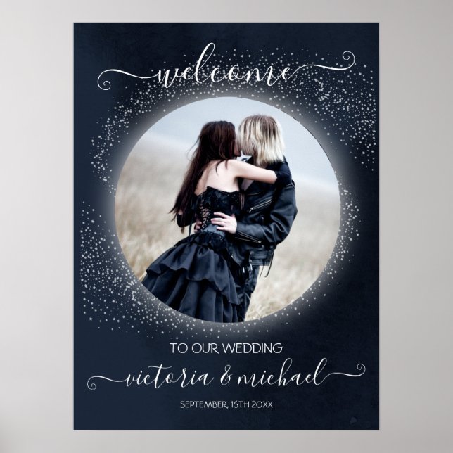 Celestial Full Moon & Stars Foto Hochzeit Willkomm Poster (Vorne)