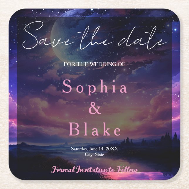 Celestial Full Moon Stars Wedding Save the Date Rechteckiger Pappuntersetzer (Vorderseite)