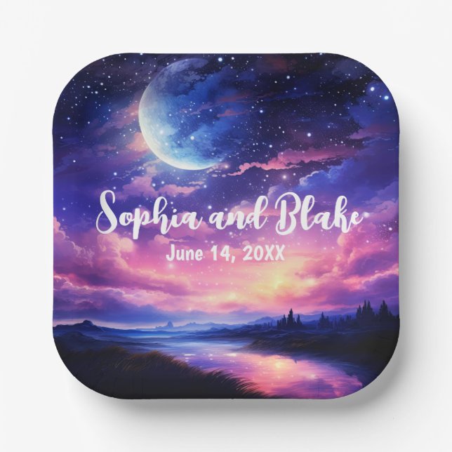 Celestial Full Moon Stars Wolken Mystische Hochzei Pappteller (Vorderseite)