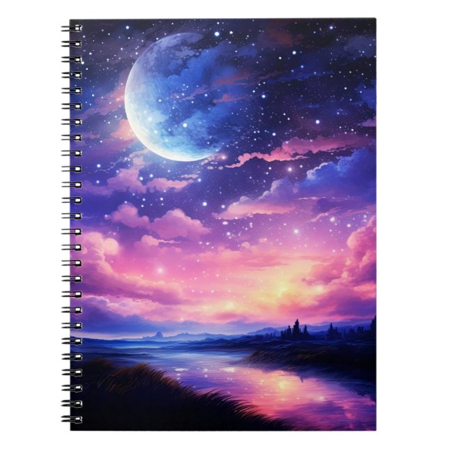 Celestial Full Moon Stars Wolken Mystische Lila Notizblock (Vorderseite)