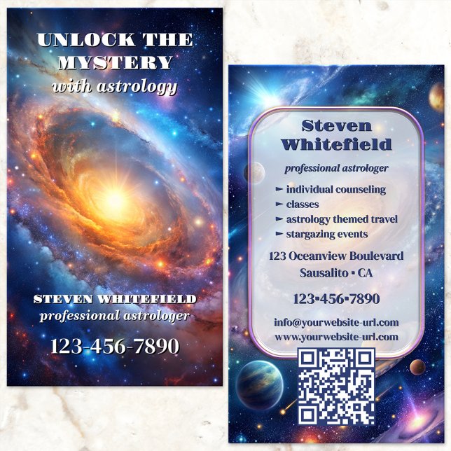 Celestial Galaxy Beruflich Astrologer Visitenkarte (Astrologer business card featuring a celestial illustration of the galaxies with planets and stars.)