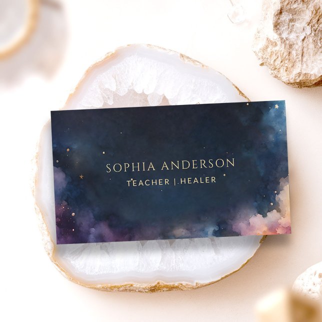 Celestial Galaxy Midnight Navy Blue Modern Chic Visitenkarte (elegant business card celestial cosmic galaxy yoga coach teacher well being healing tarot astrology)