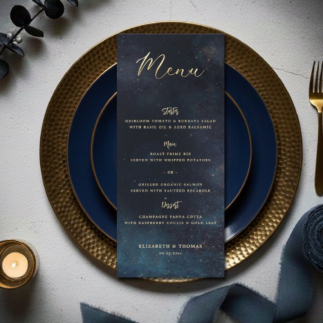 Celestial Galaxy Starry Night Moody Blue Wedding Menükarte (celestial galaxy wedding menu watercolor moody navy blue starry night written in the stars)