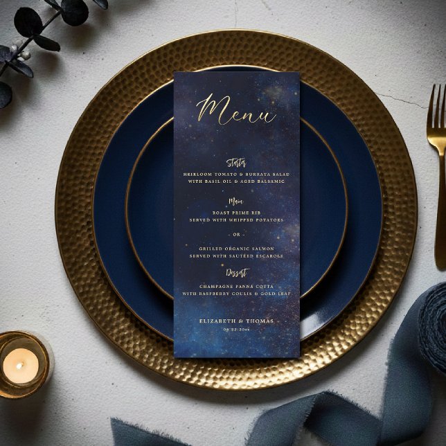 Celestial Galaxy Starry Night Navy Blue Wedding Menükarte (celestial galaxy wedding menu watercolor navy blue starry night written in the stars)