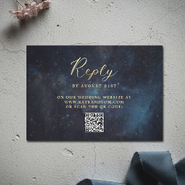 Celestial Galaxy Stars Midnight Navy Wedding QR RSVP Karte