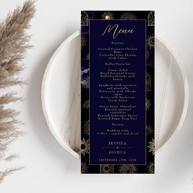 Celestial Galaxy Sun Crescent Moon Navy Menükarte (Von Creator hochgeladen)