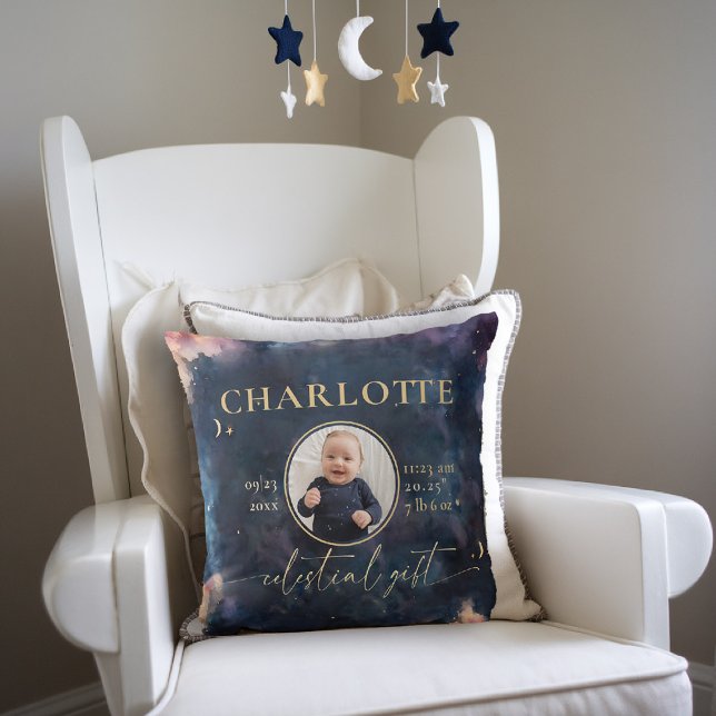 Celestial Geschenk Geburtsstaten Keepake Foto Kind Kissen (celestial baby birth stats keepsake throw pillow twinkle star moon cosmos galaxy dark navy blue gold)