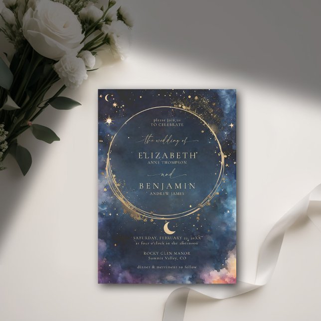 Celestial Gift Midnight Blue Elegante Gold Wedding Einladung (celestial wedding invitation elegant frame watercolor moon stars sky modern classic navy blue)