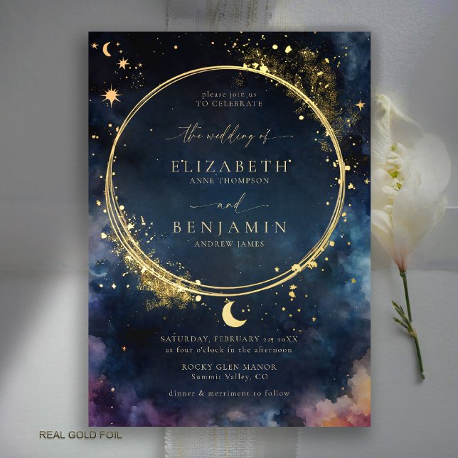 Celestial Gift Midnight Blue Elegante Gold Wedding Folieneinladung (celestial wedding invitation gold foil watercolor starry night sky galaxy universe astrology)