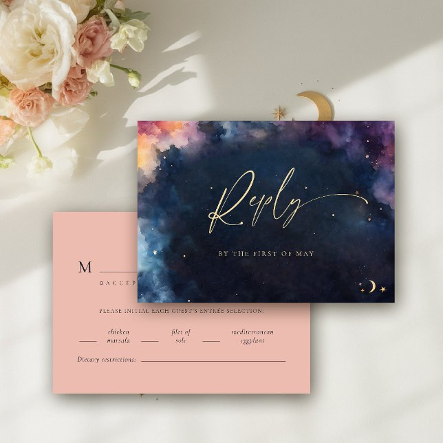 Celestial Gift Midnight Blue Meet Wedding RSVP (celestial wedding rsvp meal card cosmic watercolor starry night sky galaxy universe navy blue peach)