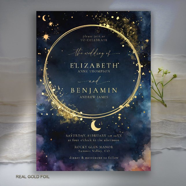 Celestial Gift Midnight Blue Romantic Star Wedding Folieneinladung (celestial wedding invitation gold foil watercolor starry night sky galaxy universe astrology navy)