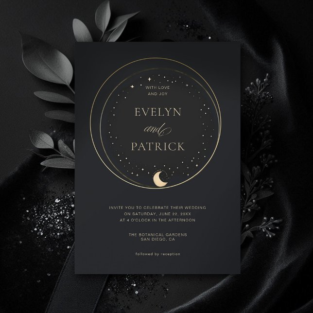Celestial Gift Moody Navy Elegant Moderne Hochzeit Einladung (celestial wedding invitation elegant modern frame watercolor moon stars sky moody dark)