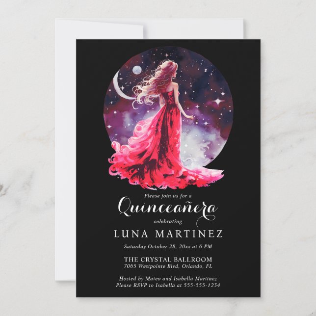Celestial Goddess Red Dress Starry Sky Quinceañera Einladung (Vorderseite)