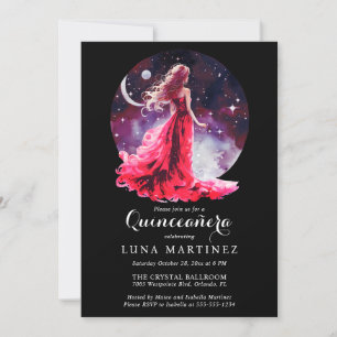 Celestial Goddess Red Dress Starry Sky Quinceañera Einladung