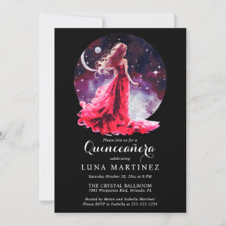 Celestial Goddess Red Dress Starry Sky Quinceañera Einladung