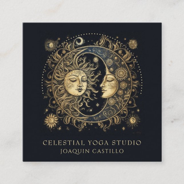 Celestial Gold Black Sun Moon Yoga Quadratische Visitenkarte (Vorderseite)