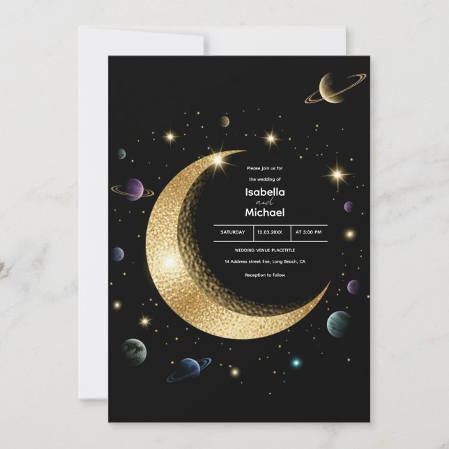 Celestial Gold Crescent Moon Hochzeit Einladung (Vorderseite)