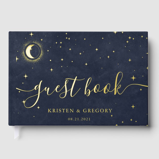 Celestial Gold Crescent Moon Wedding Gästebuch (Vorderseite)
