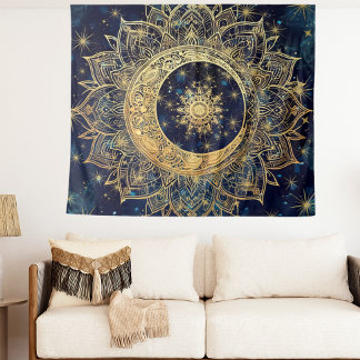 Celestial Gold Mandala Sun Moon Galaxy Blue Night Wandteppich