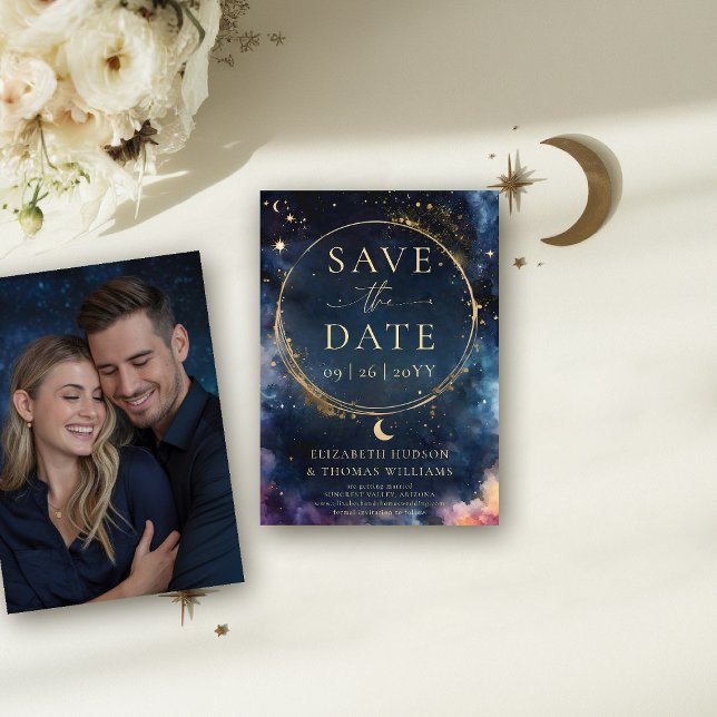 Celestial Gold Midnight Blue Wedding Save the Date (celestial wedding save the date photo template watercolor starry night sky galaxy universe astrology)