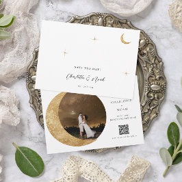 Celestial Gold Moon Stars Foto QR Code Wedding Save The Date