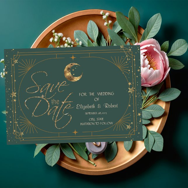 Celestial Gold Moon Stars Frame Green Save The Date (Von Creator hochgeladen)