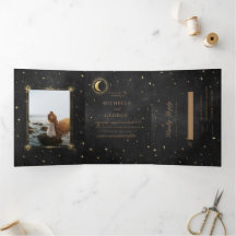 Celestial Gold Moon Tri Fold Wedding Einladung