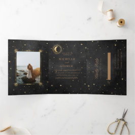 Celestial Gold Moon Tri Fold Wedding Einladung