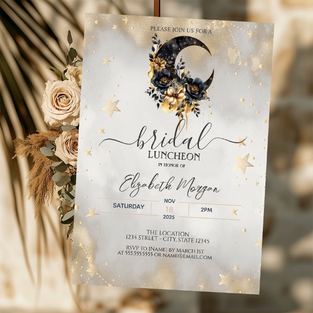 Celestial Gold Stars Floral Moon Bridal Luncheon Einladung (Von Creator hochgeladen)
