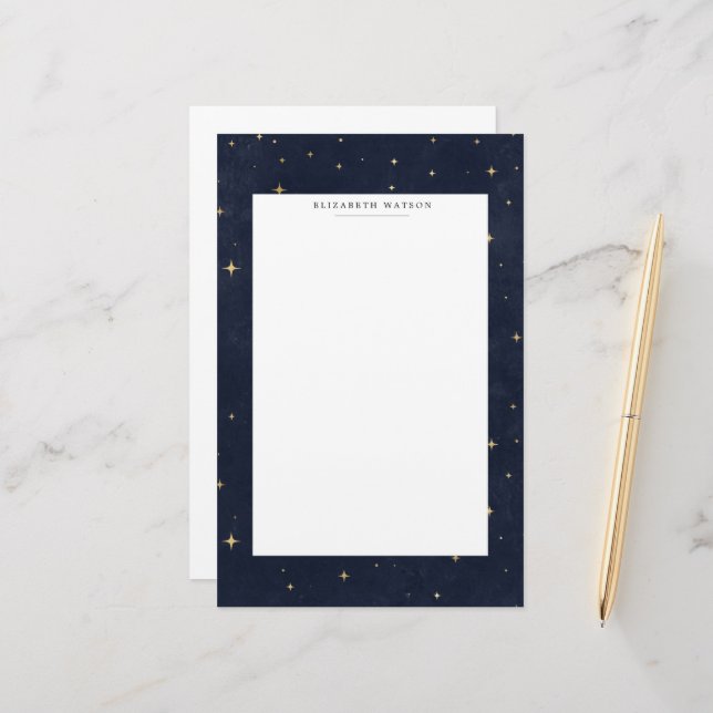 Celestial Gold Stars Monogram Stationery Briefpapier (Vorderseite/Rückseite Beispiel)