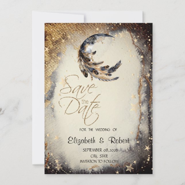 Celestial Gold Stars Moon Feather Save The Date (Vorderseite)