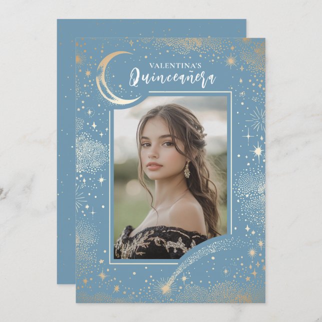 Celestial Gold Stars Moon Night Quinceanera Foto Einladung (Vorne/Hinten)