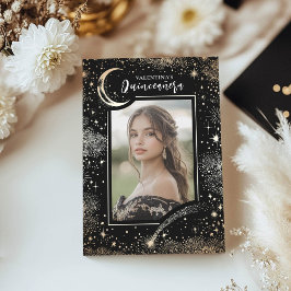 Celestial Gold Stars Moon Night Quinceanera Foto Einladung