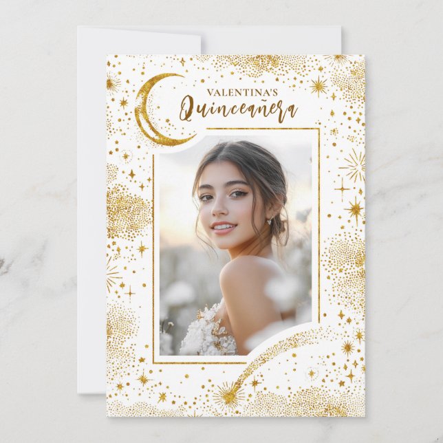 Celestial Gold Stars Moon Night Quinceanera Foto Einladung (Vorderseite)