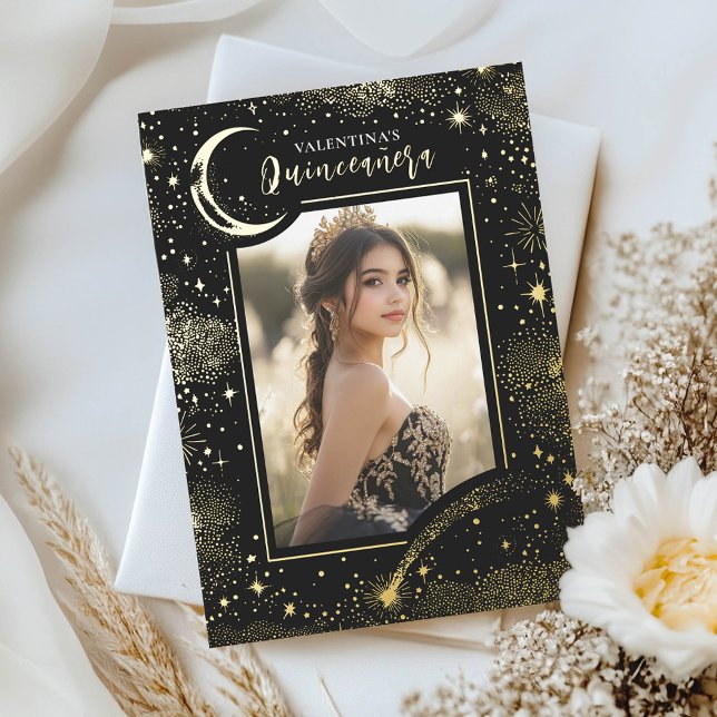 Celestial Gold Stars Moon Night Quinceanera Foto Folieneinladung (Quinceanera Black Moon and Stars 15th Birthday Invitation with Photo)