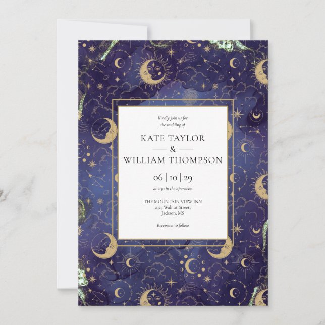 Celestial Gold Stars Moon Stars QR Code Wedding Einladung (Vorderseite)