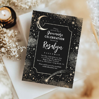 Celestial Gold Stars und Mondnacht Quinceanera Einladung