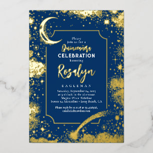 Celestial Gold Stars und Mondnacht Quinceanera Folieneinladung